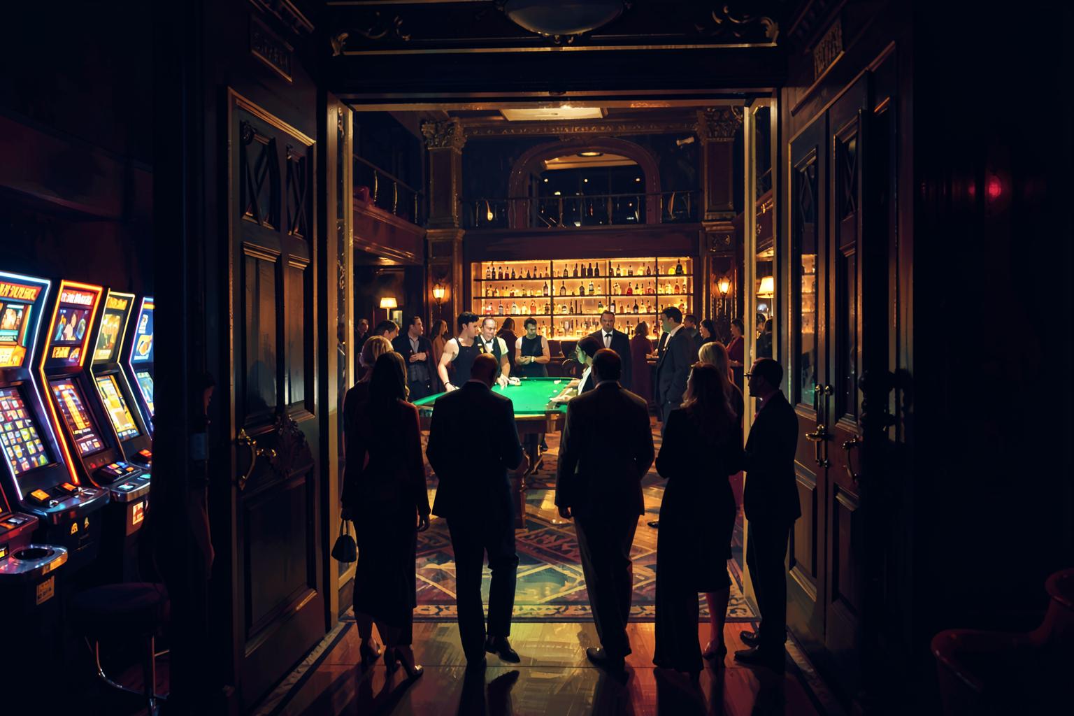 Guests walking into a casino with slot machines, table games, and a bar